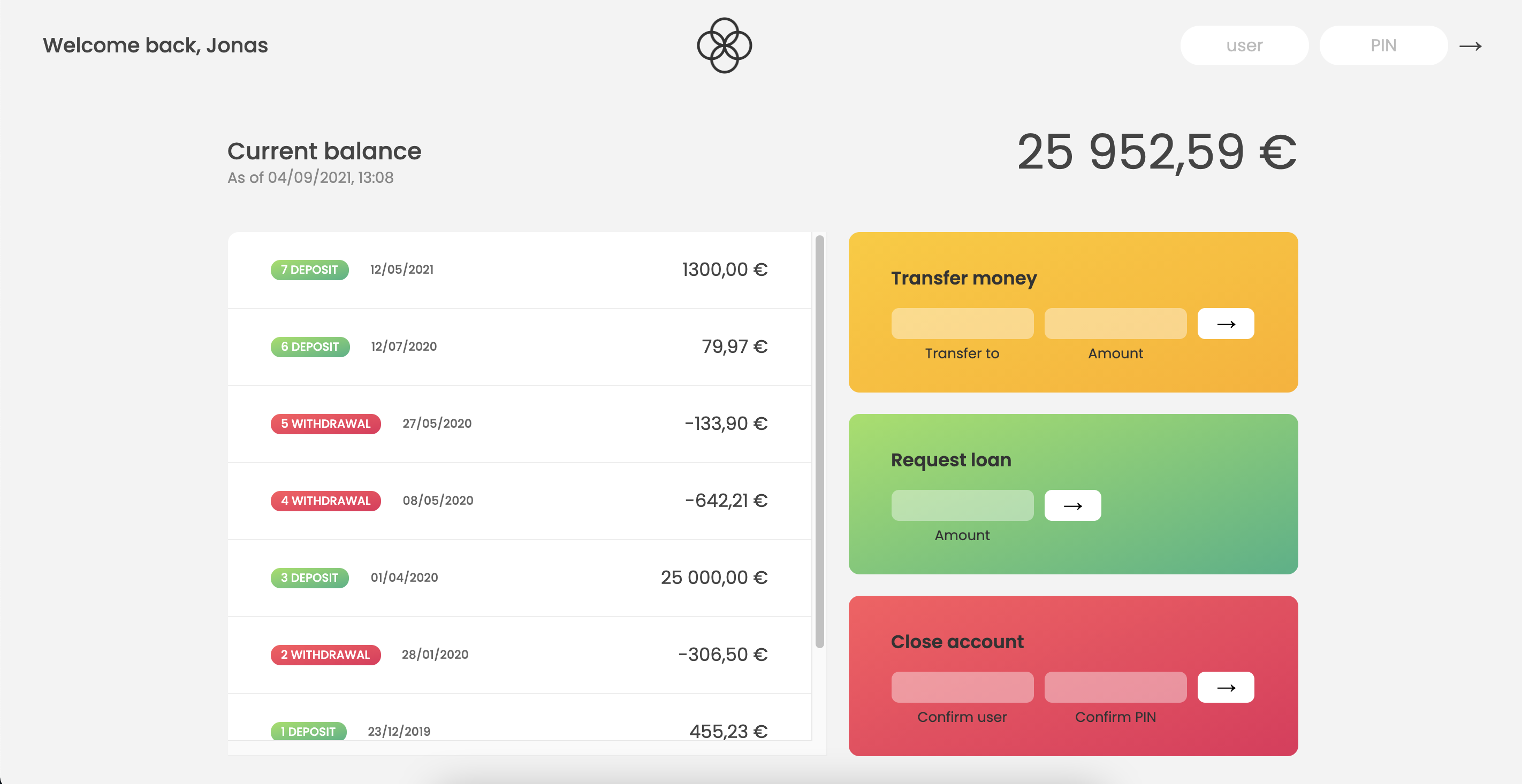 screenshot of Bankist Website's client area